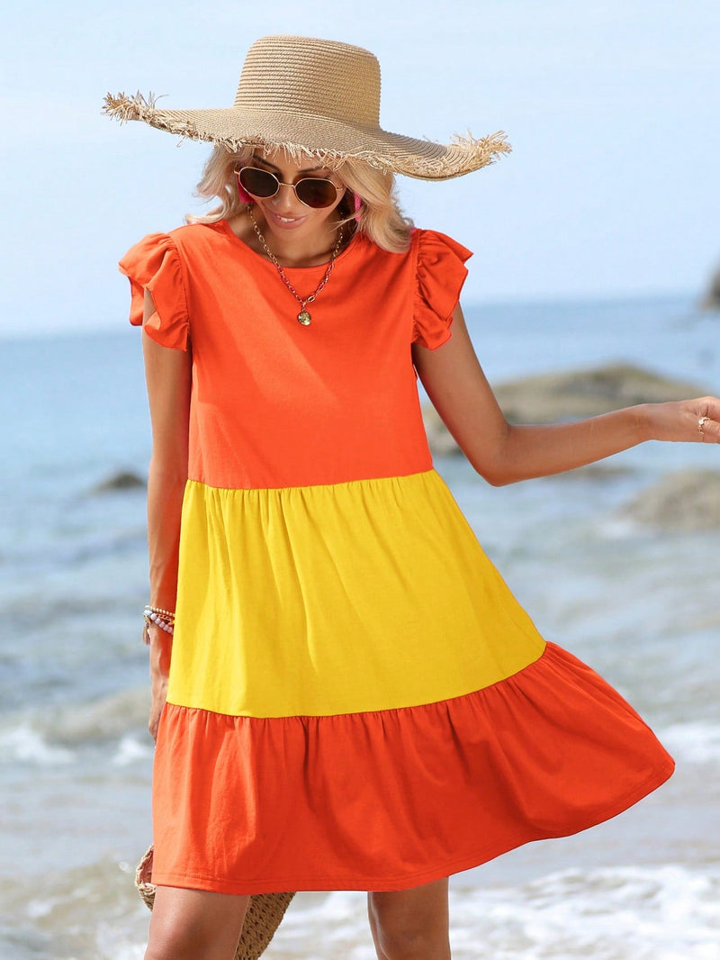 VCAY Vestido smock de color combinado ribete con fruncido