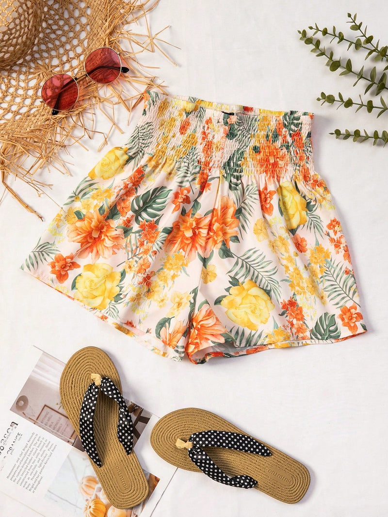 WYWH Shorts con estampado tropical de cintura fruncido