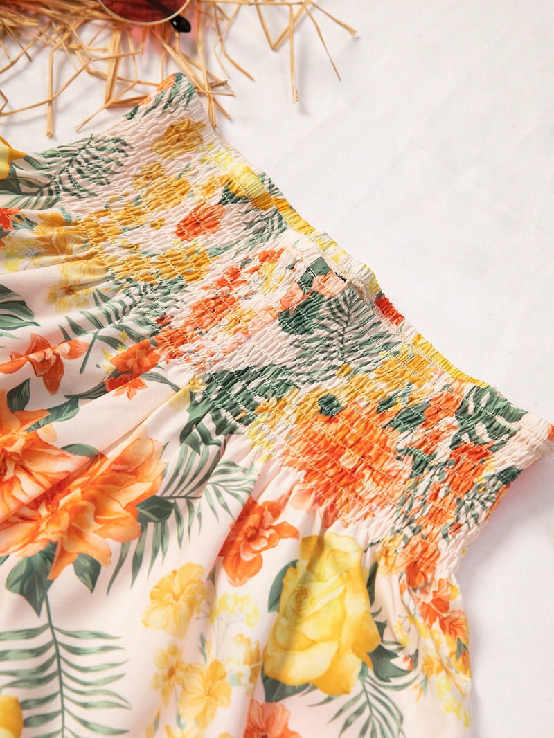 WYWH Shorts con estampado tropical de cintura fruncido