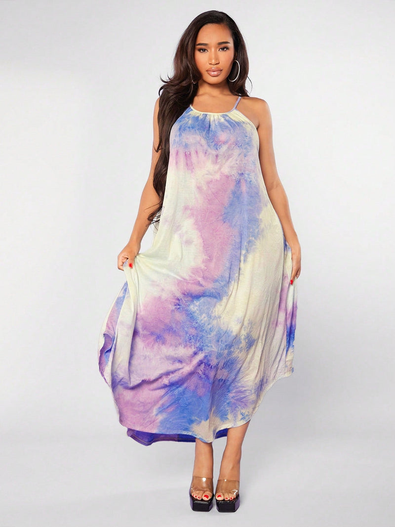 SXY Vestido de tirantes con estampado de tie dye bajo asimetrico