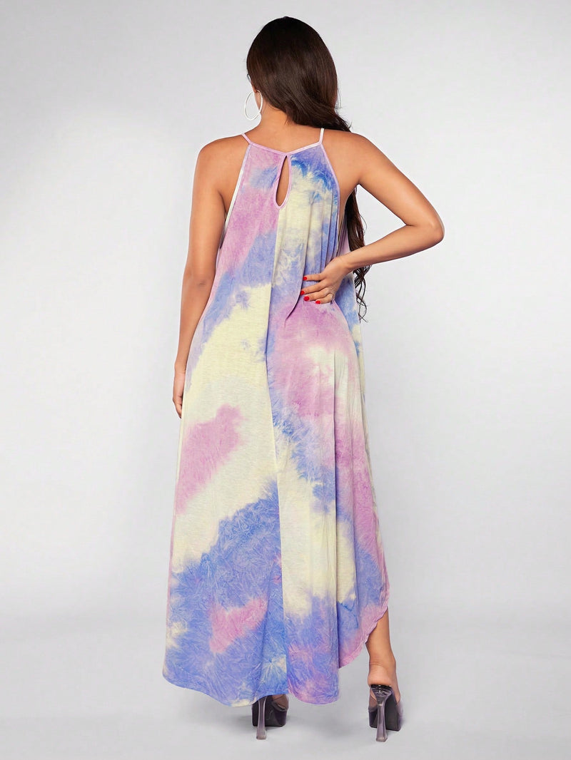 SXY Vestido de tirantes con estampado de tie dye bajo asimetrico