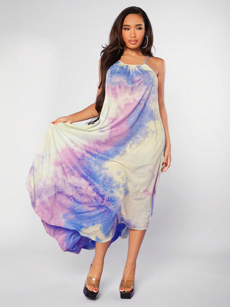 SXY Vestido de tirantes con estampado de tie dye bajo asimetrico