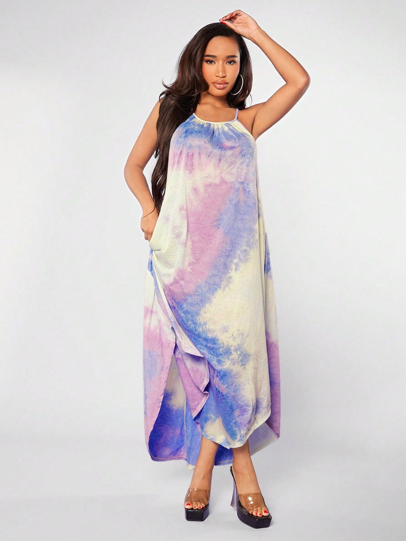 SXY Vestido de tirantes con estampado de tie dye bajo asimetrico