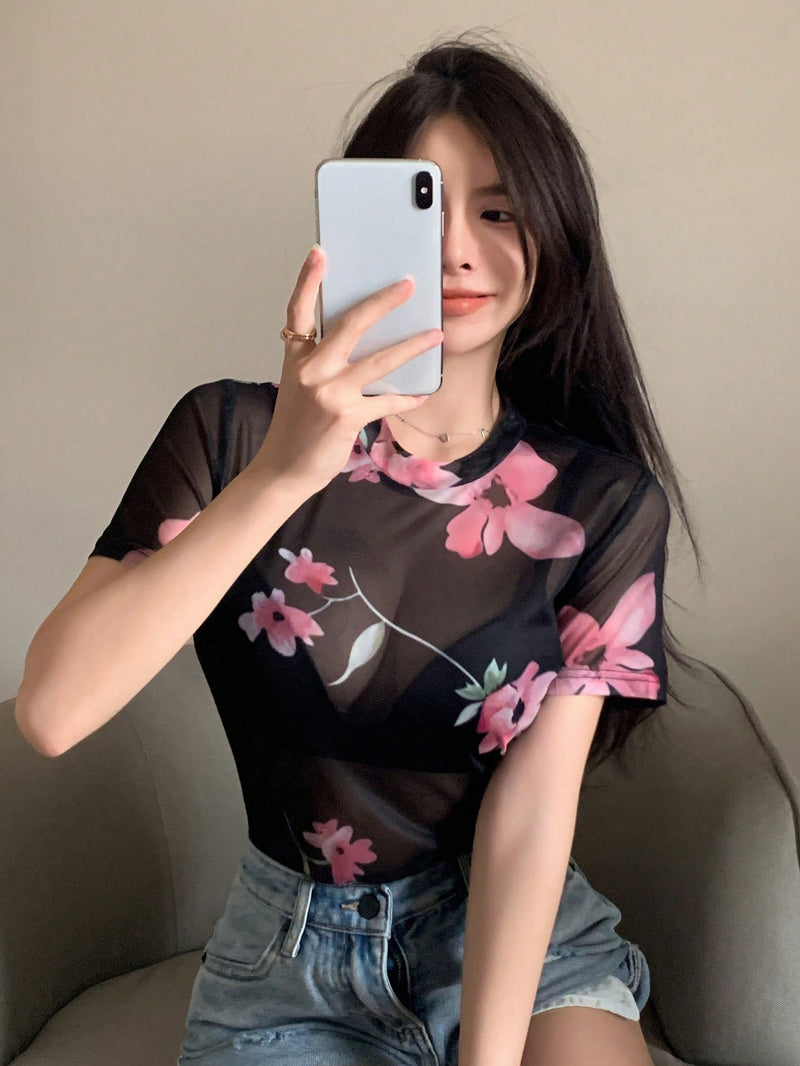 DAZY Top De Malla Con Estampado Floral Sin Brasier