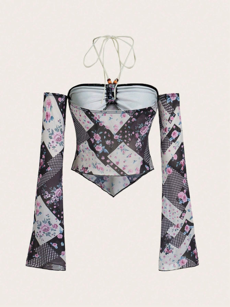 ROMWE Hippie Top halter con estampado floral bajo hanky