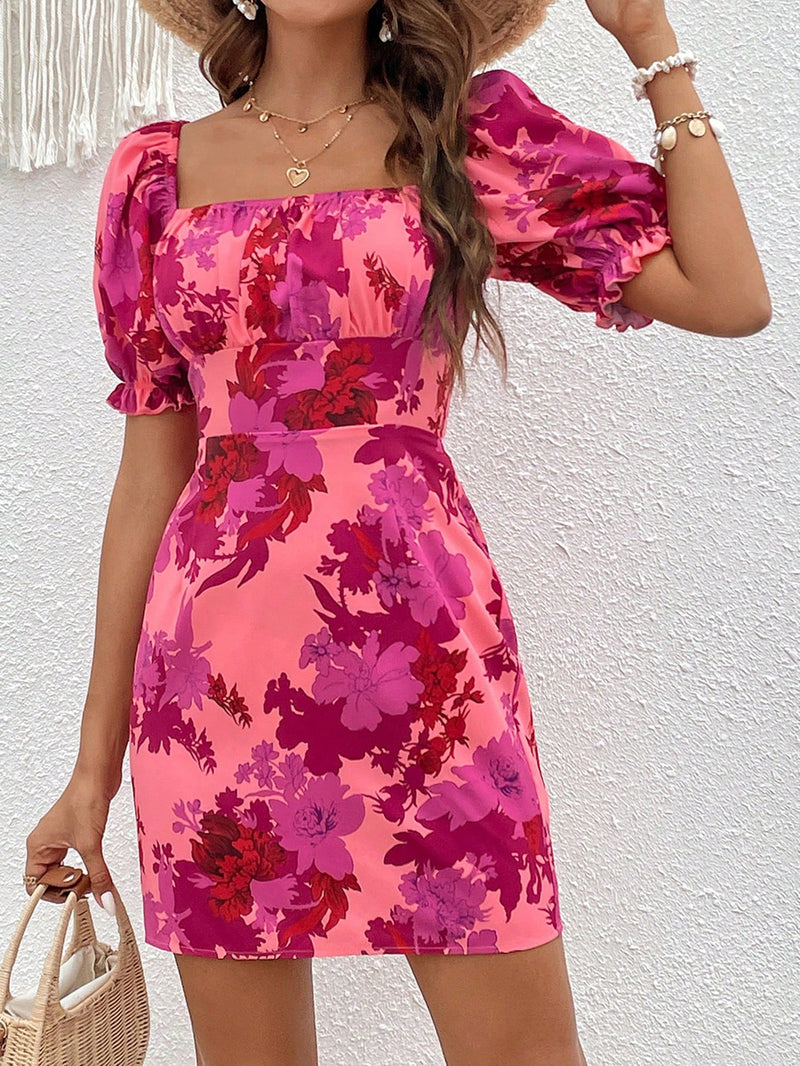 Vcay vestido con estampado floral de espalda abierta con cordon de manga farol