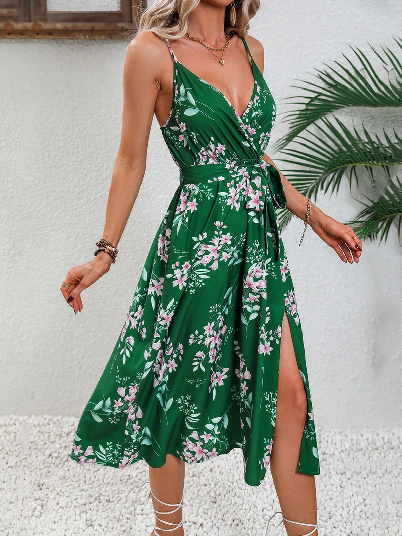 VCAY Vestido de tirantes con estampado floral de muslo con abertura con cinturon