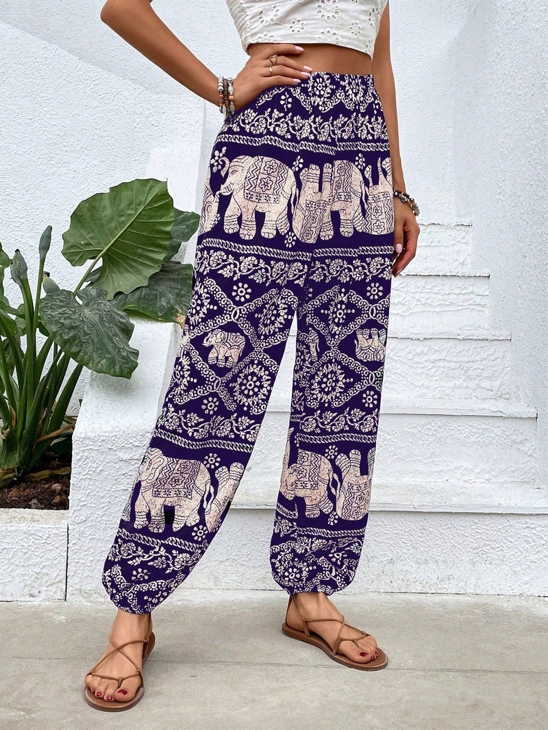 VCAY Pantalones zanahoria con estampado de elefante