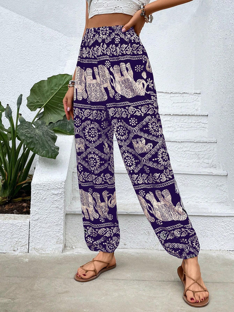 VCAY Pantalones zanahoria con estampado de elefante