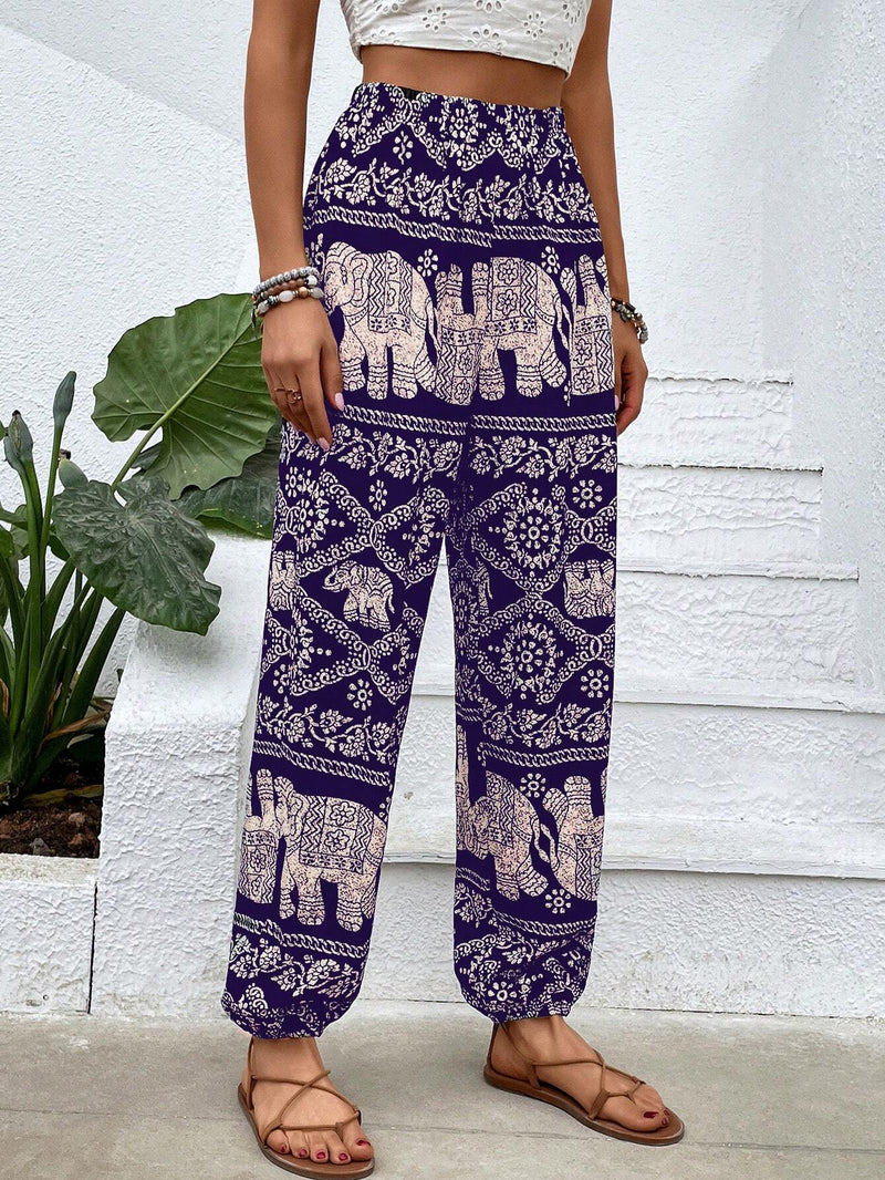 VCAY Pantalones zanahoria con estampado de elefante