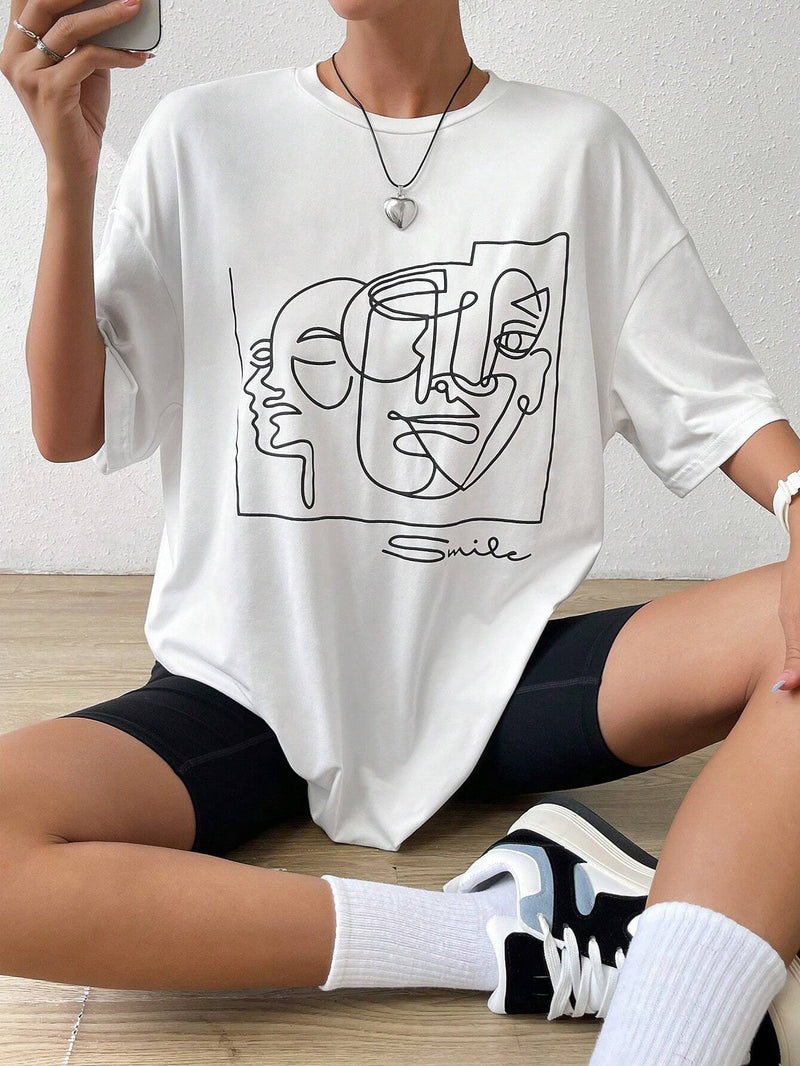 Camiseta Grafica De Verano De Hombros Caidos Abstracta Y Blanca Y2k De Figura, Camisa Grafica