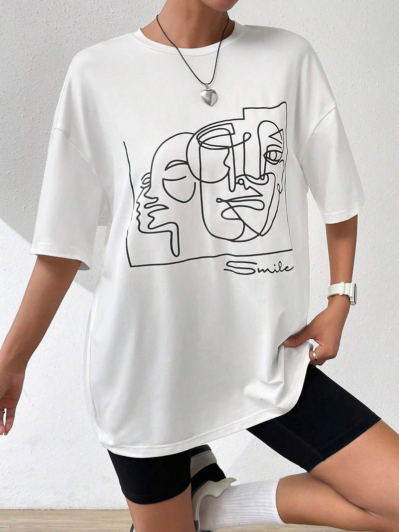 Camiseta Grafica De Verano De Hombros Caidos Abstracta Y Blanca Y2k De Figura, Camisa Grafica