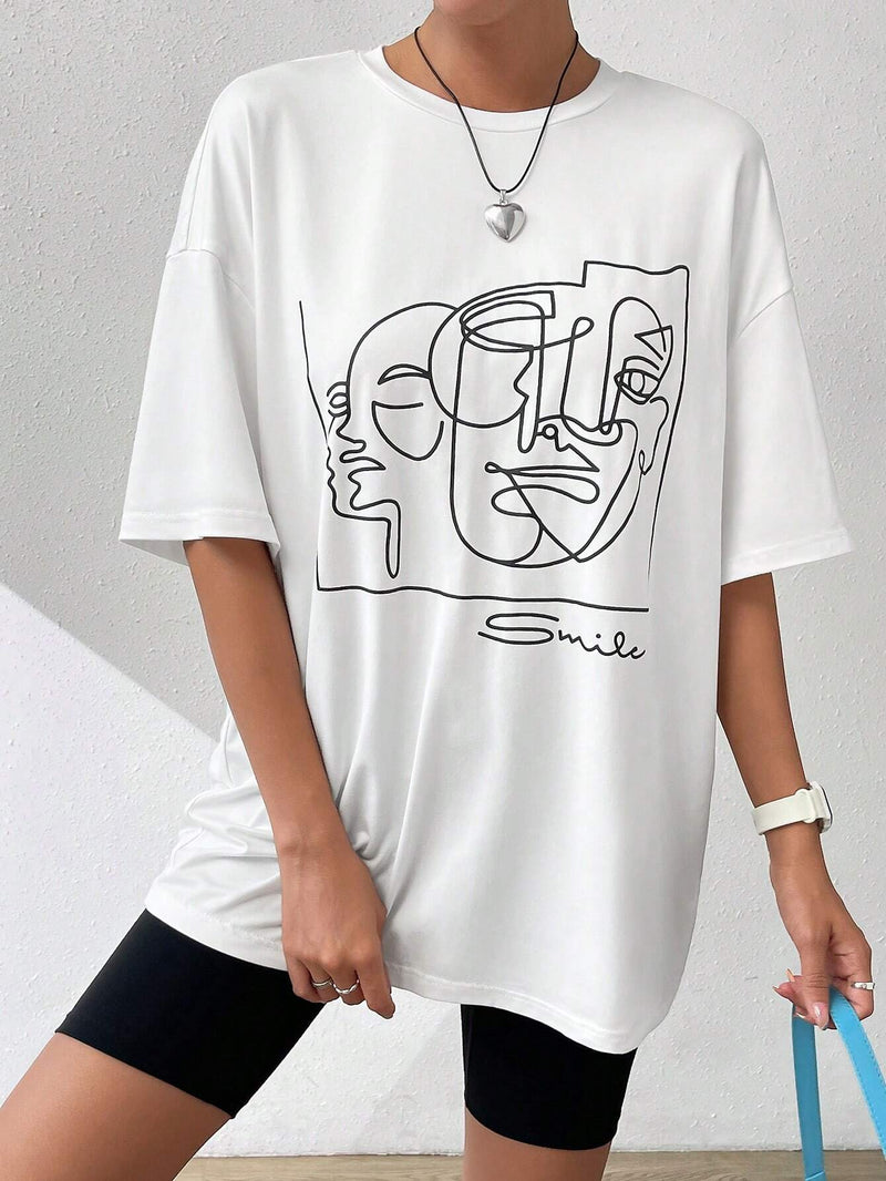 Camiseta Grafica De Verano De Hombros Caidos Abstracta Y Blanca Y2k De Figura, Camisa Grafica