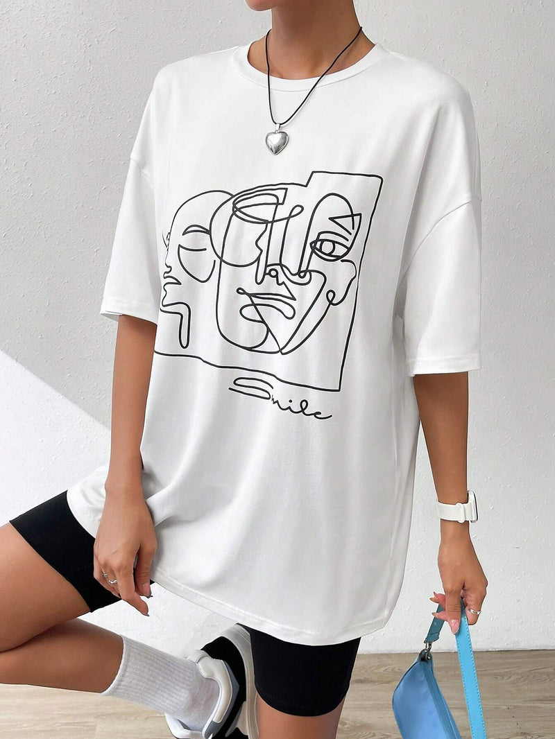 Camiseta Grafica De Verano De Hombros Caidos Abstracta Y Blanca Y2k De Figura, Camisa Grafica