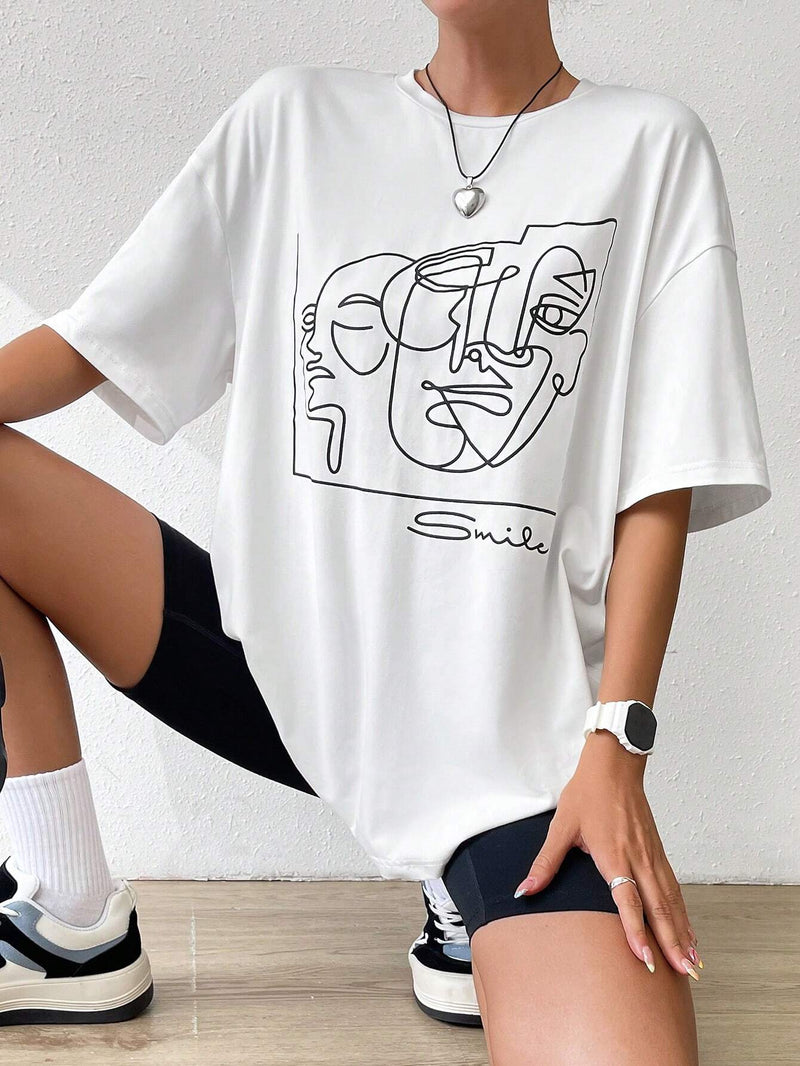 Camiseta Grafica De Verano De Hombros Caidos Abstracta Y Blanca Y2k De Figura, Camisa Grafica