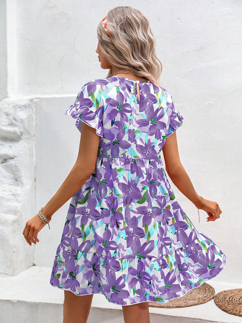 VCAY Vestido smock con estampado floral bajo con fruncido