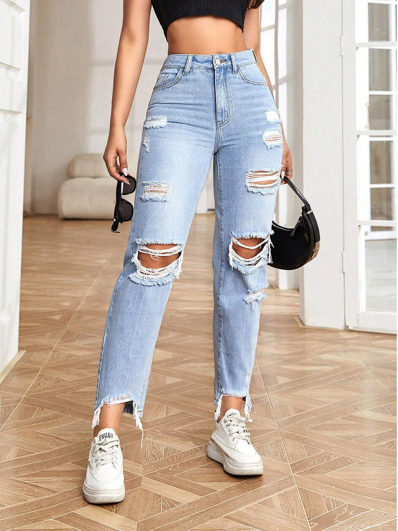 EZwear Jeans de ajuste mom de talle alto desgarro bajo crudo