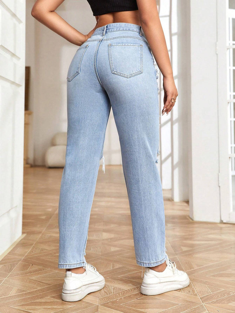 EZwear Jeans de ajuste mom de talle alto desgarro bajo crudo