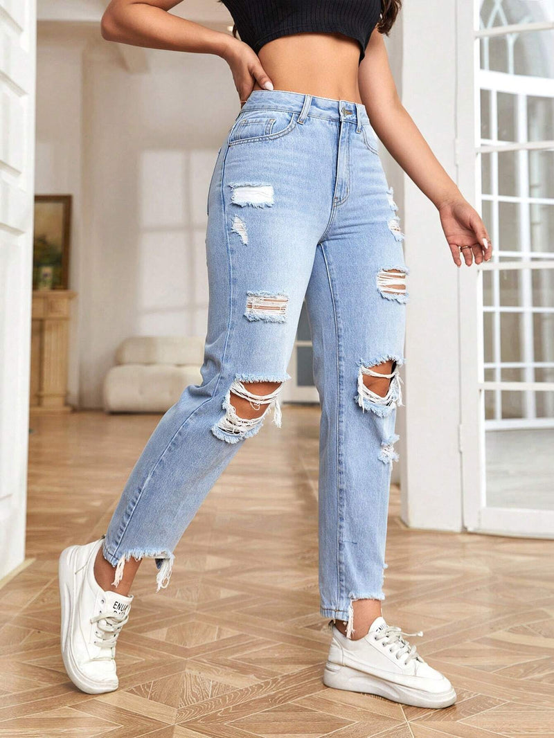 EZwear Jeans de ajuste mom de talle alto desgarro bajo crudo