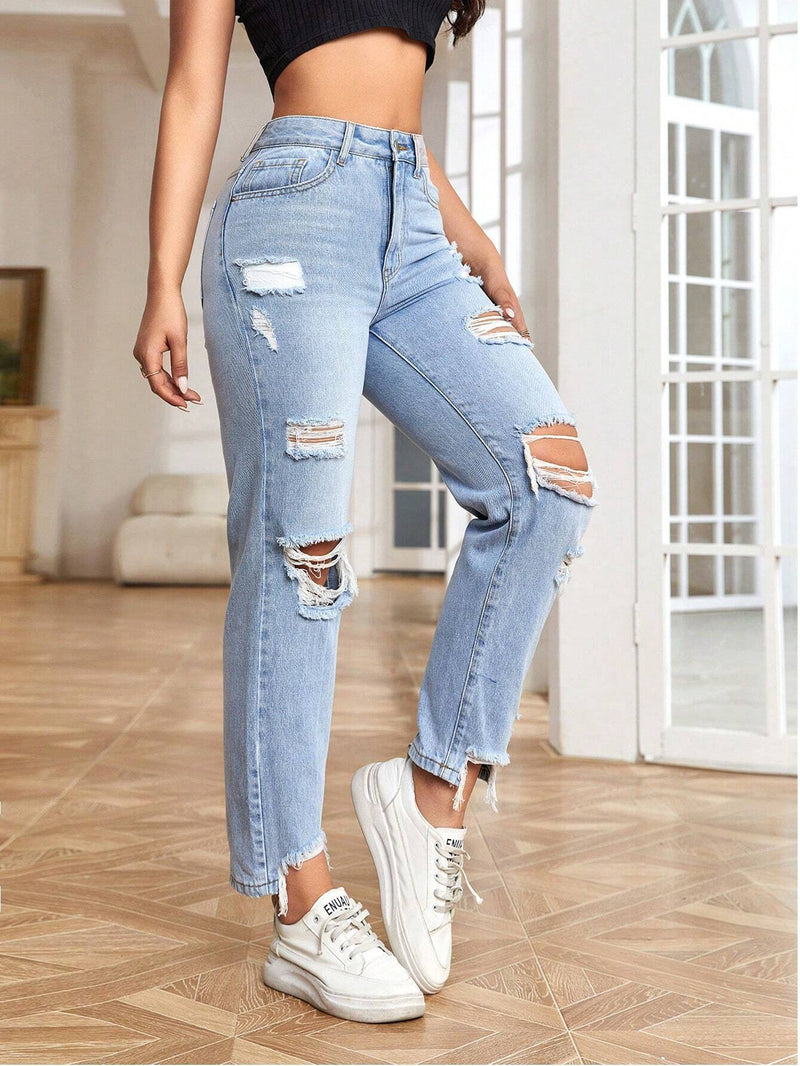 EZwear Jeans de ajuste mom de talle alto desgarro bajo crudo