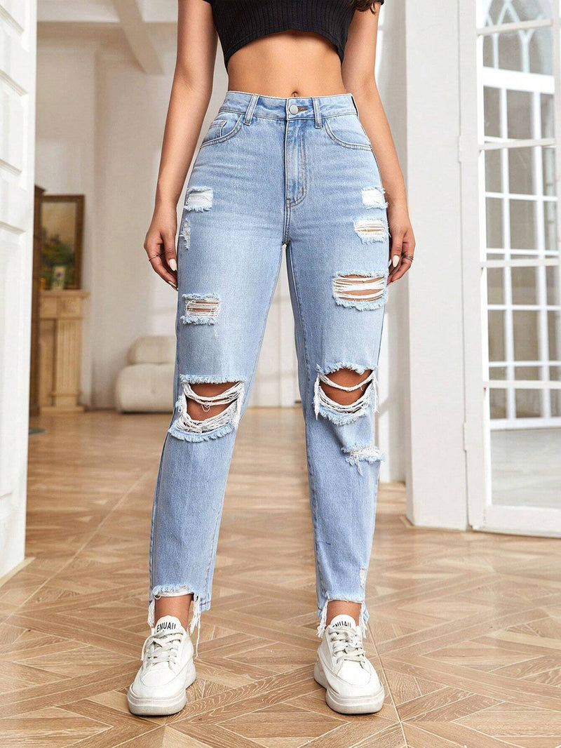 EZwear Jeans de ajuste mom de talle alto desgarro bajo crudo