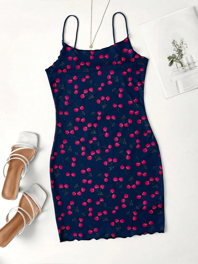 WYWH Vestido ribete en forma de lechuga con estampado de cereza