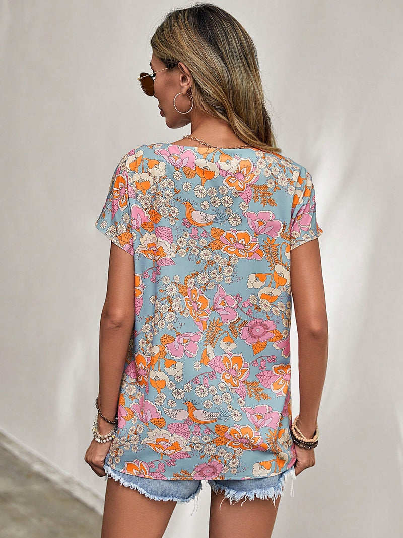 LUNE Blusa con estampado floral de cuello notch de manga murcielago