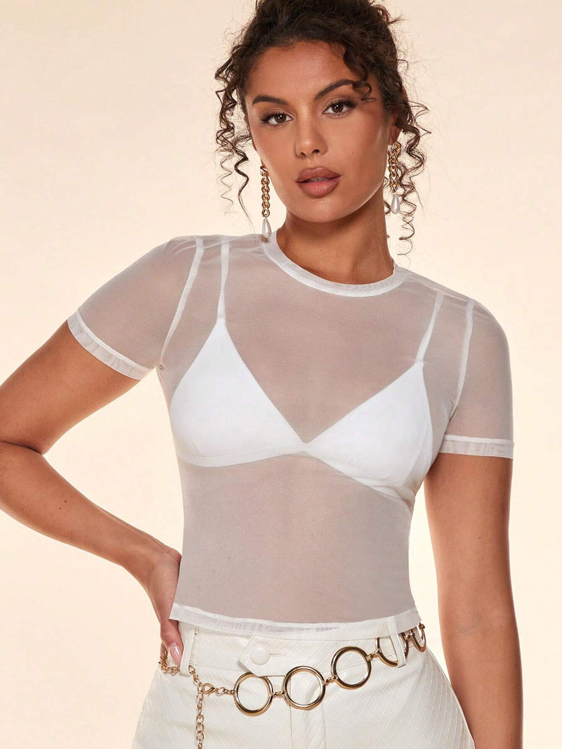 BAE Top unicolor de malla transparente sin Brasier