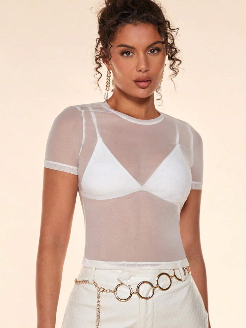 BAE Top unicolor de malla transparente sin Brasier