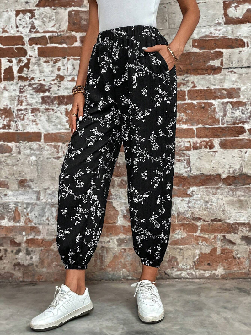 LUNE Pantalones con estampado floral con bolsillo oblicuo