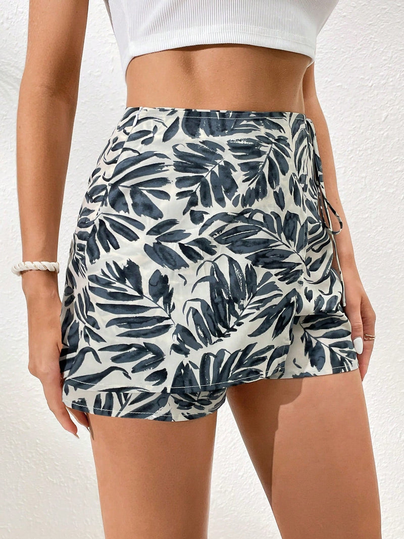 VCAY Skort con estampado de hoja con nudo lateral cruzado