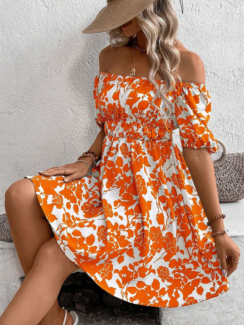 VCAY Vestido con estampado floral de hombros descubiertos de manga farol