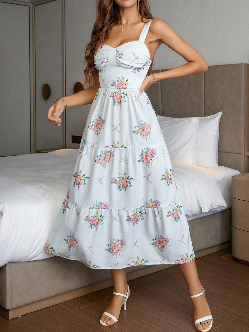 VCAY Vestido de tirantes con estampado floral pecho con fruncido bajo a capas