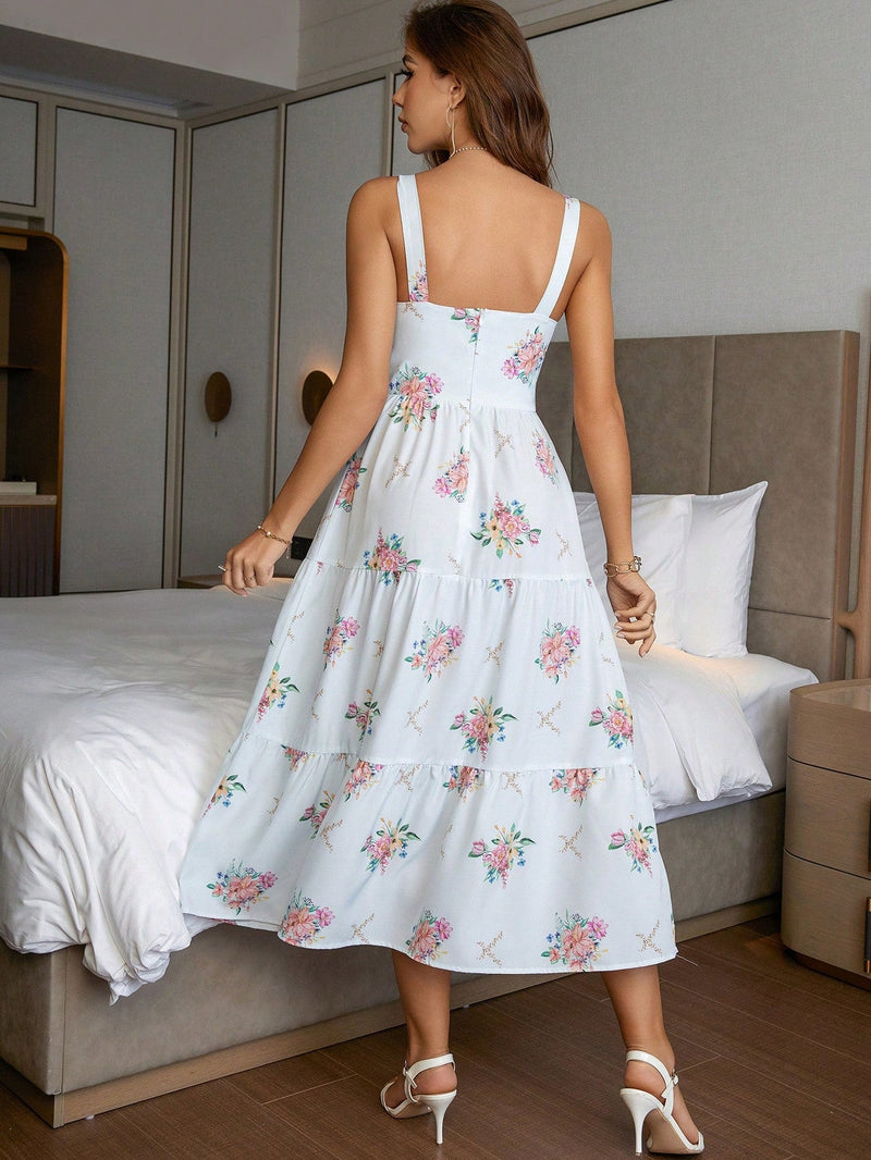 VCAY Vestido de tirantes con estampado floral pecho con fruncido bajo a capas