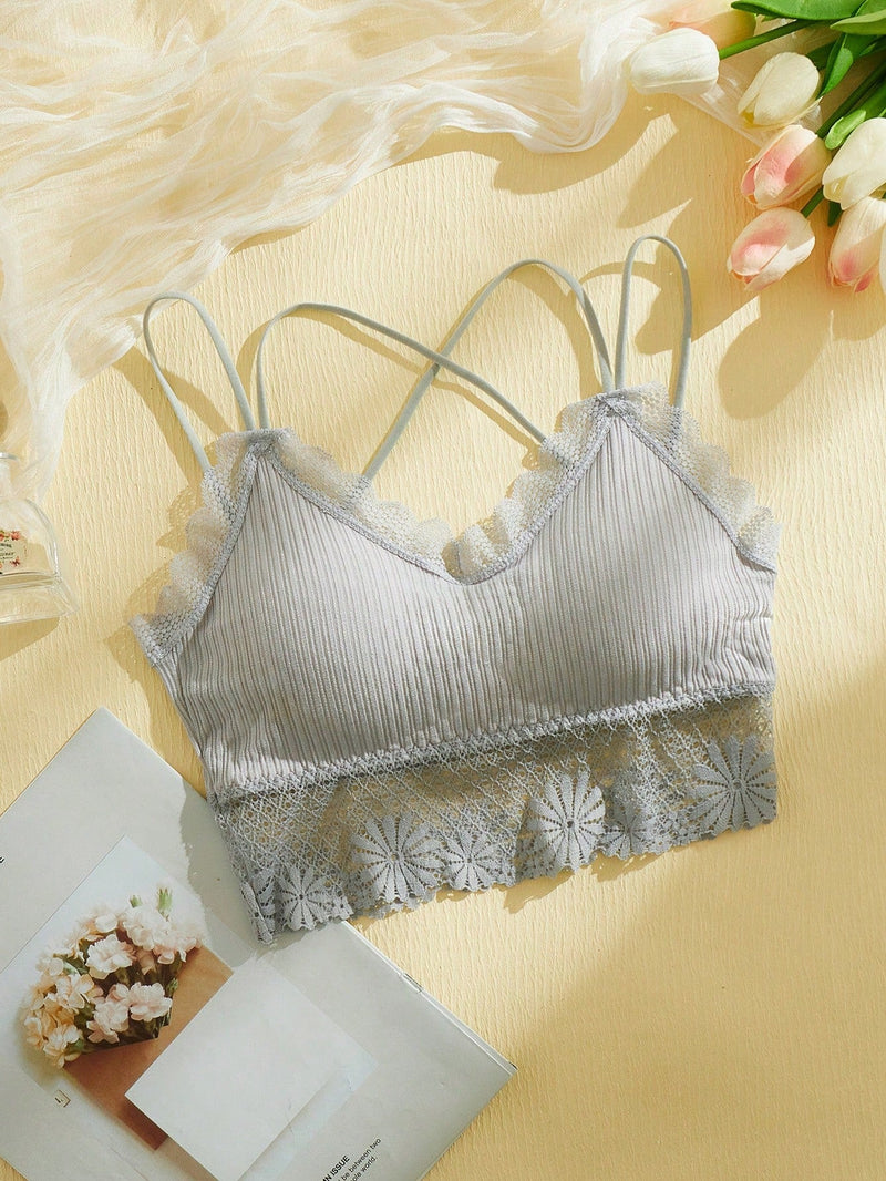 Bralette De Encaje Floral Entrecruzado De Costilla - Lenceria