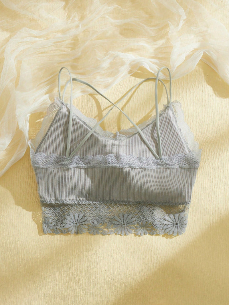 Bralette De Encaje Floral Entrecruzado De Costilla - Lenceria