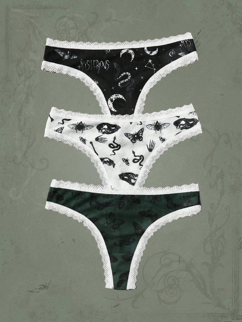 ROMWE Goth 3 piezas Set tanga serpiente & con estampado de mariposa con encaje en contraste