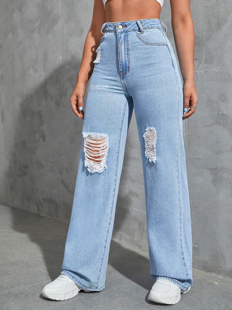 EZwear Jeans Azules De Pierna Ancha Rotos