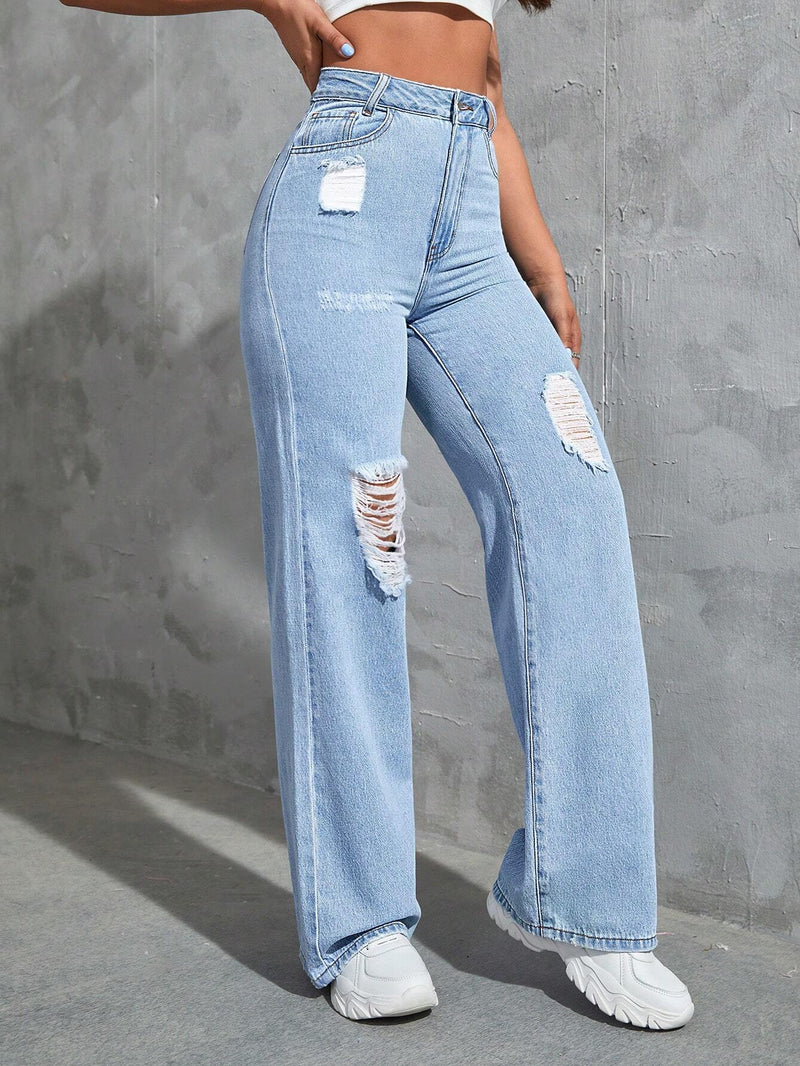 EZwear Jeans Azules De Pierna Ancha Rotos