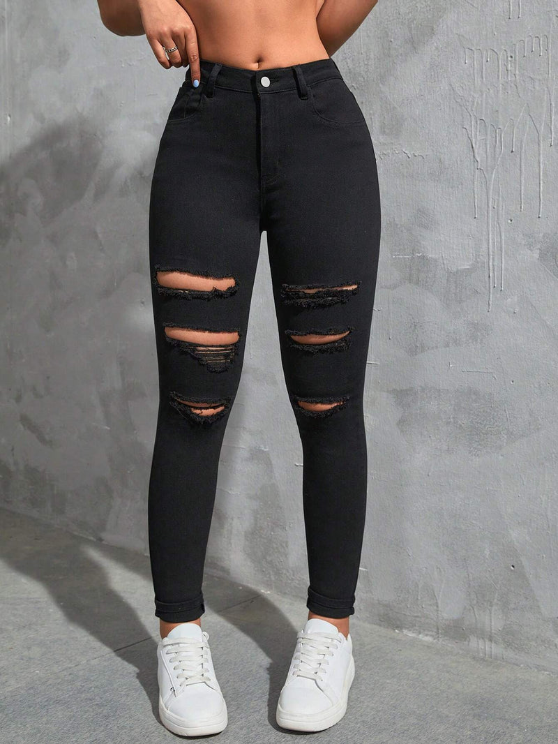 EZwear Jeans ajustados desgarro bajo crudo