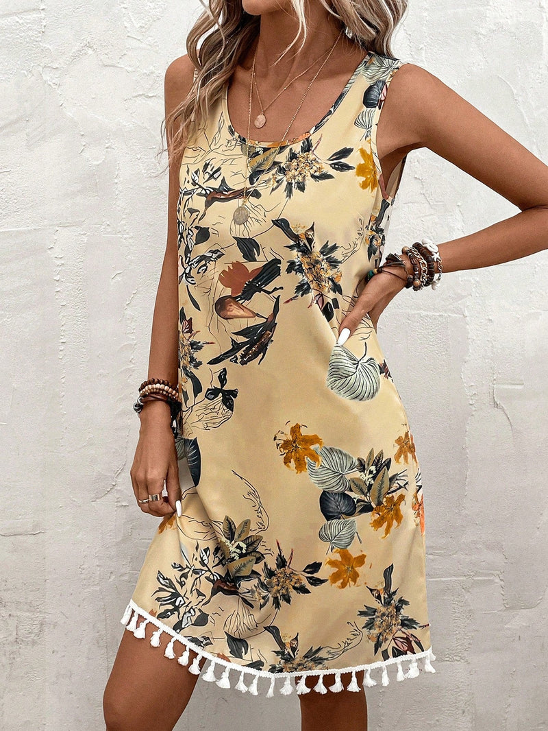 LUNE Vestido tank con estampado floral ribete con fleco