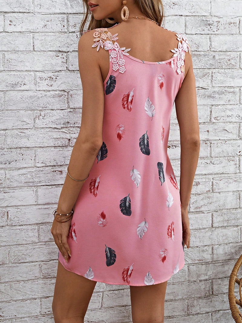 Vestido con estampado de pluma panel con encaje