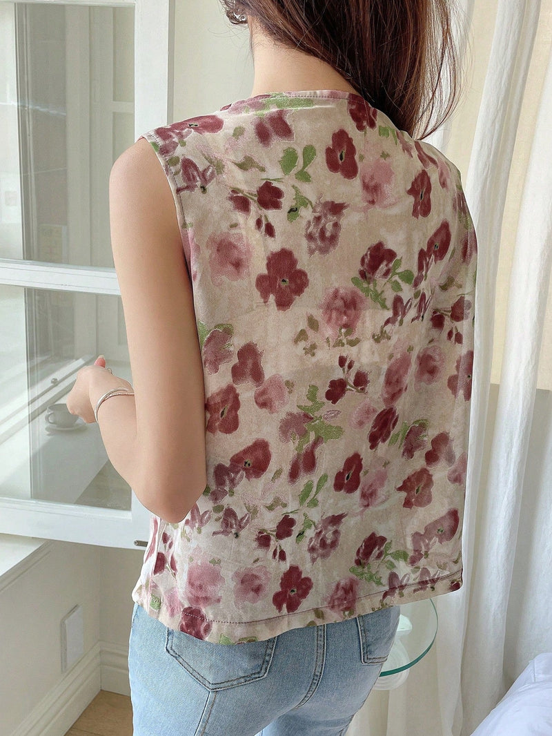 DAZY Blusa Sin Mangas De Cuello Drapeado Con Estampado Floral