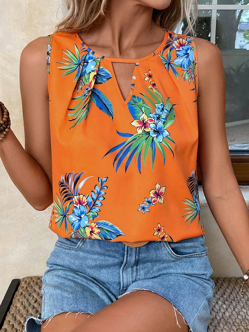 Camisa sin manga con estampado tropical de cuello con abertura de ojo