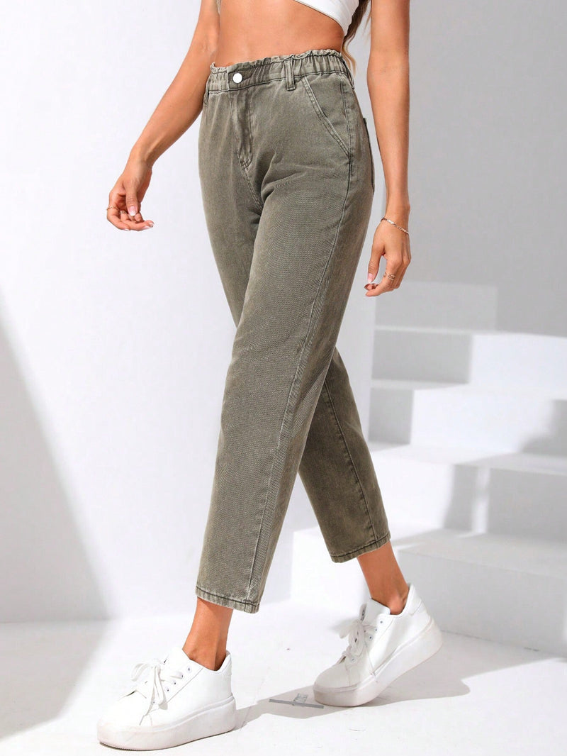 EZwear Jeans de ajuste mom de cintura con volante