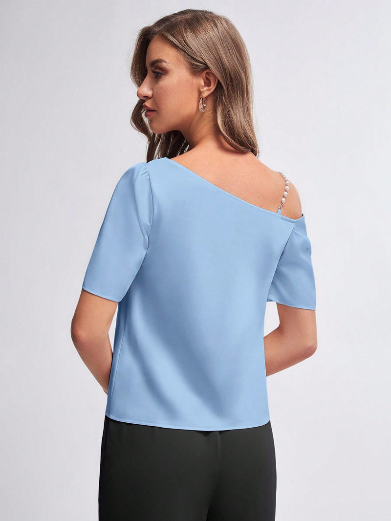 BIZwear Blusa con cuenta de perla de cuello asimetrico ropa de trabajo