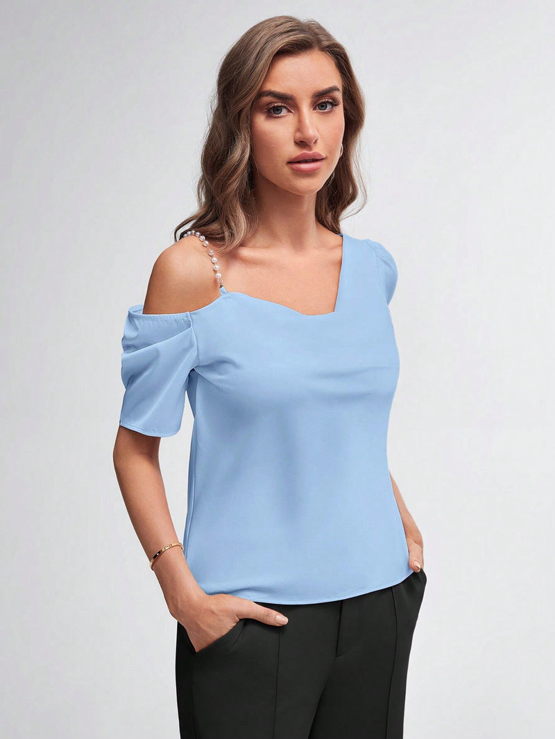 BIZwear Blusa con cuenta de perla de cuello asimetrico ropa de trabajo