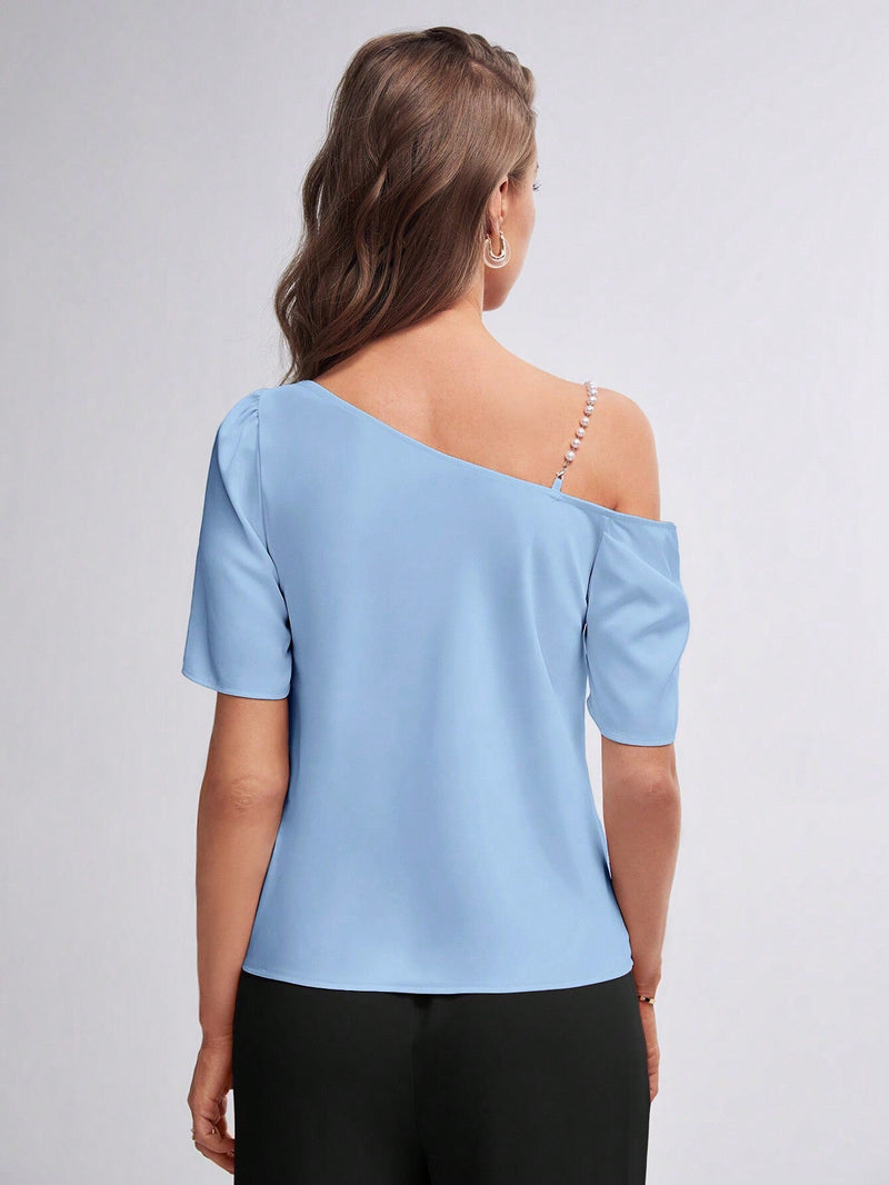 BIZwear Blusa con cuenta de perla de cuello asimetrico ropa de trabajo