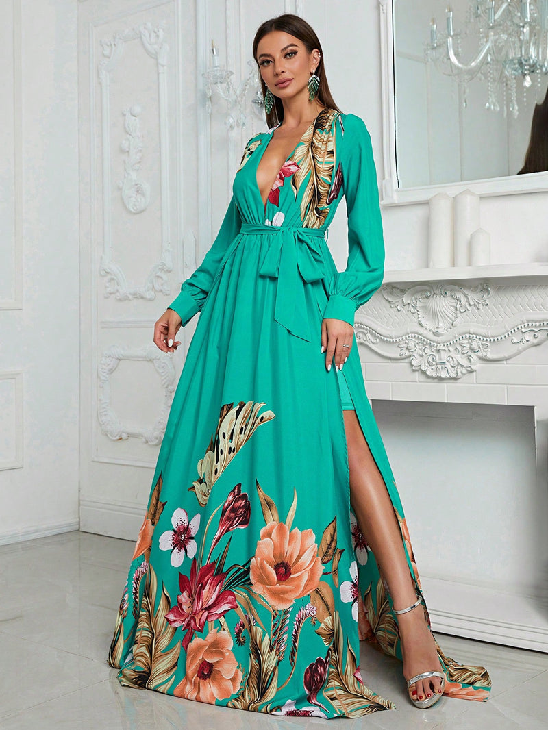 Giffniseti 1 pieza Vestido con estampado tropical de muslo con abertura