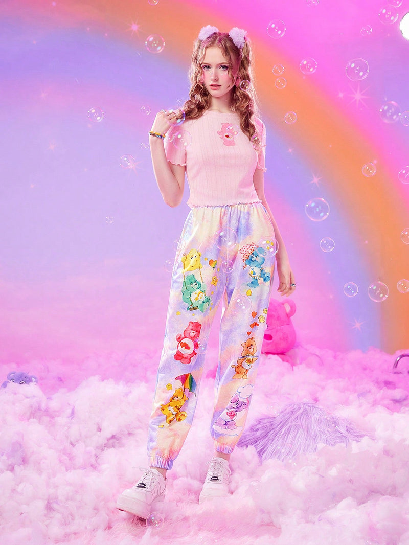 ROMWE X Care Bears Pantalones con estampado de dibujos animados de tie dye